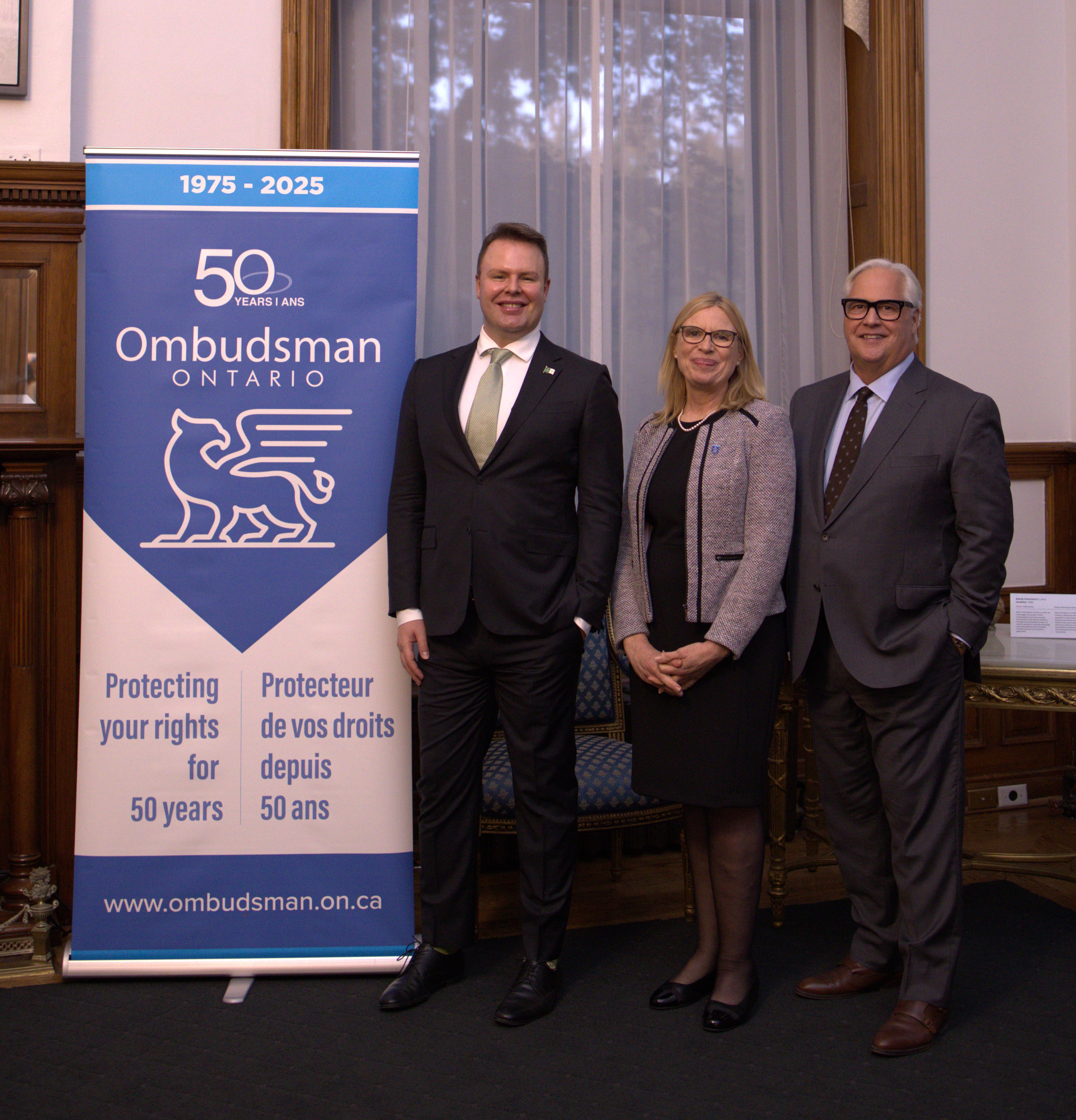 Carl Bouchard, Barbara Finlay and Paul Dubé marking Ombudsman Ontario’s 50th anniversary, Queen’s Park,