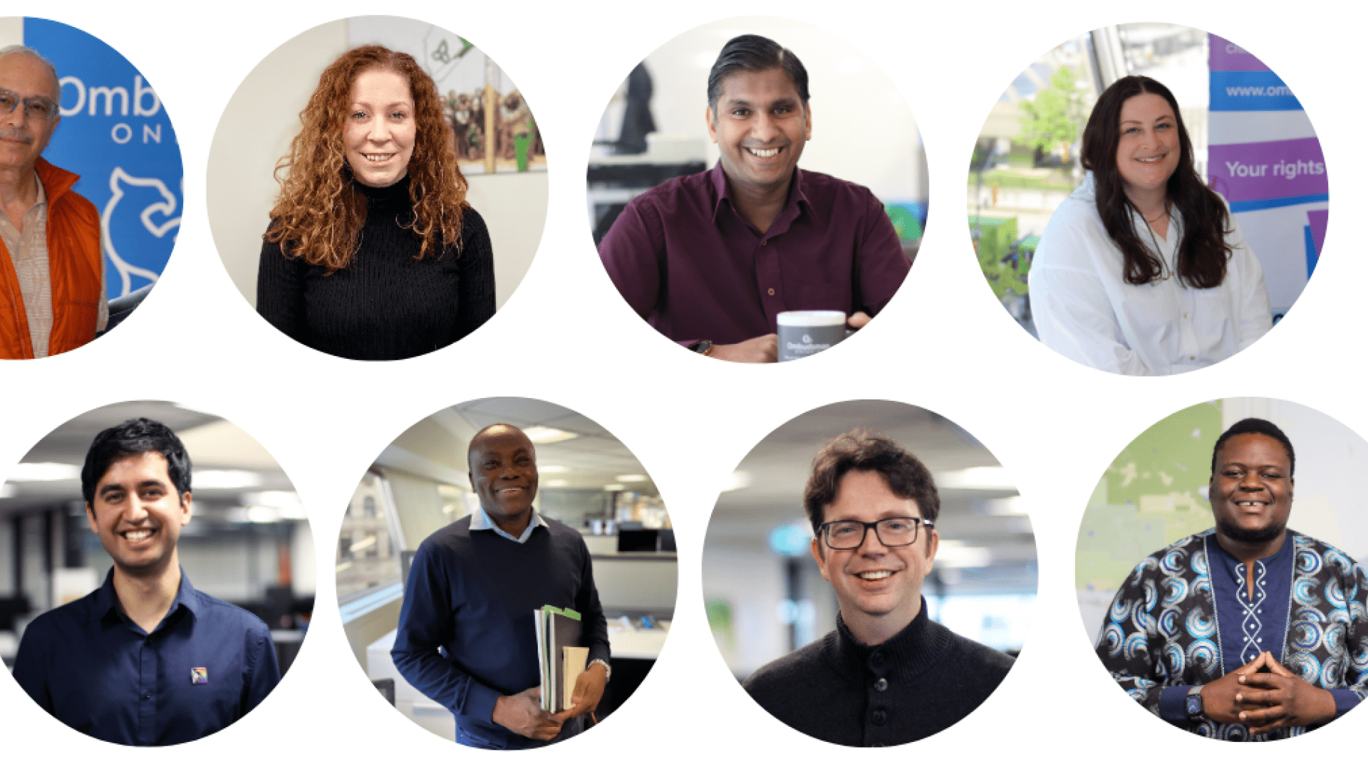 Eight circular portraits of diverse Ombudsman staff smiling at the camera. 