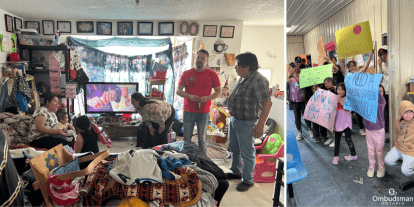Visite d'une famille locale et rencontre avec des membres de la communauté. Les pancartes des membres de la communauté disent des choses comme « Nous avons besoin d'un nouveau poste de soins infirmiers »